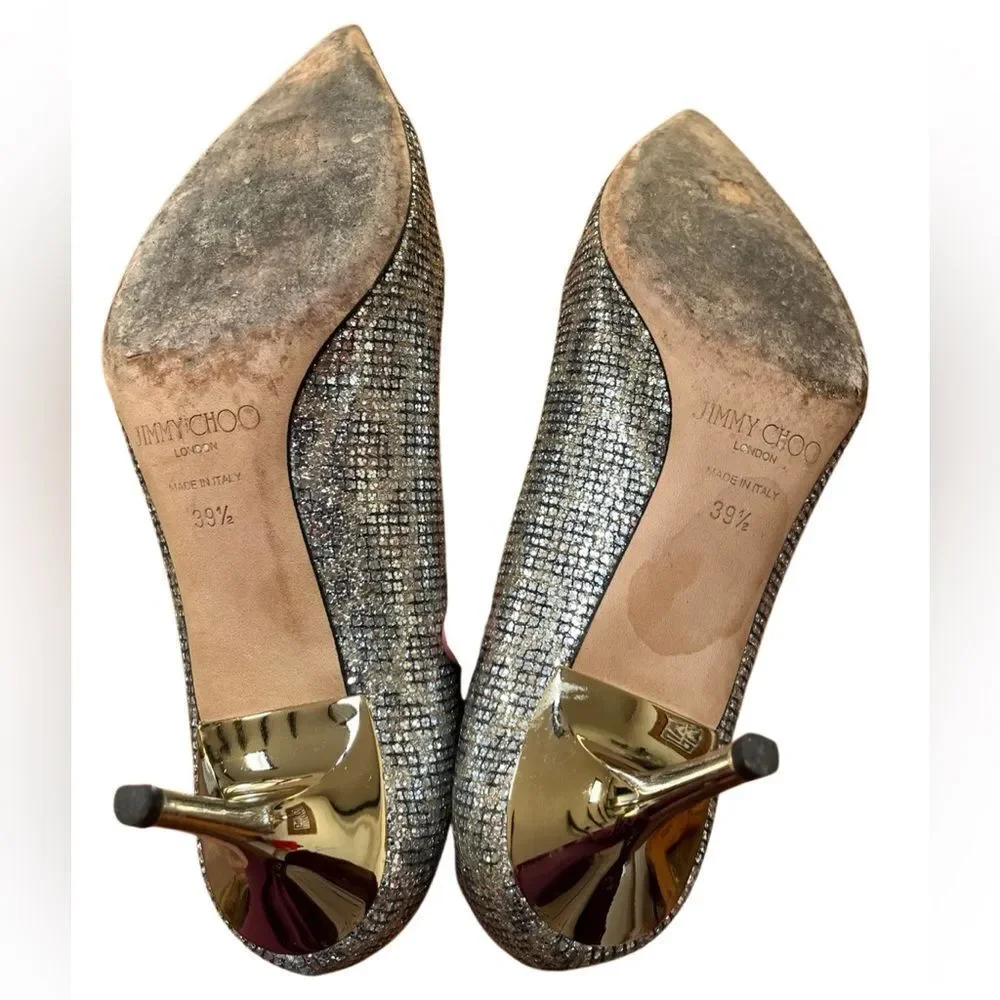 Jimmy Choo Leopard Glitter Pointed Toe Gold Heels Pumps Italy Made 39 1/2 9.5